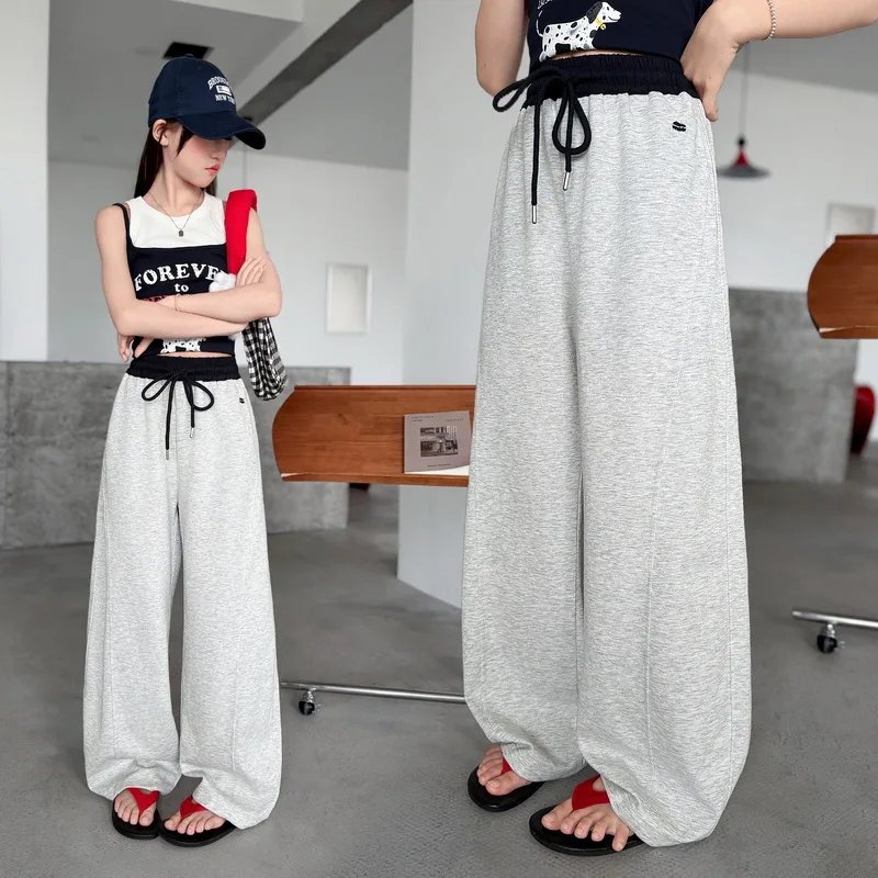 Summer Kids Girls Sporty Sweatpant Pure Cotton Junior Girl Sports Track Curved Pants Loose Elastic Waist School Child Trousers