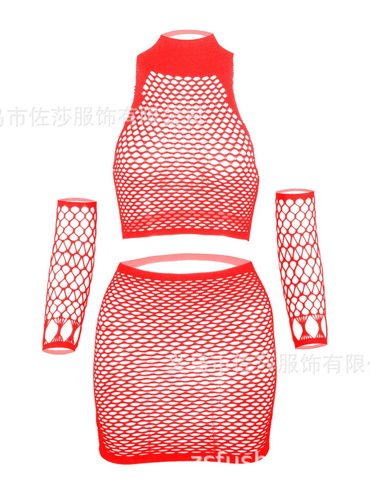 Lingerie Hollow Out And Tight Mesh Mature New Clothing Sexy Long Sleeved Transparent Buttocks Skirt Seductive Uniform Set XA8F