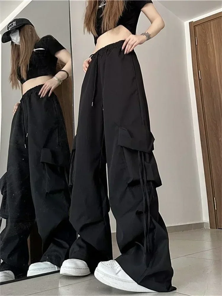 QWEEK Y2K Beige Cargo Pants Woman Streetwear Hip Hop Black Parachute Trousers Oversized Korean Fashion Wide Leg Pink Sweatpants