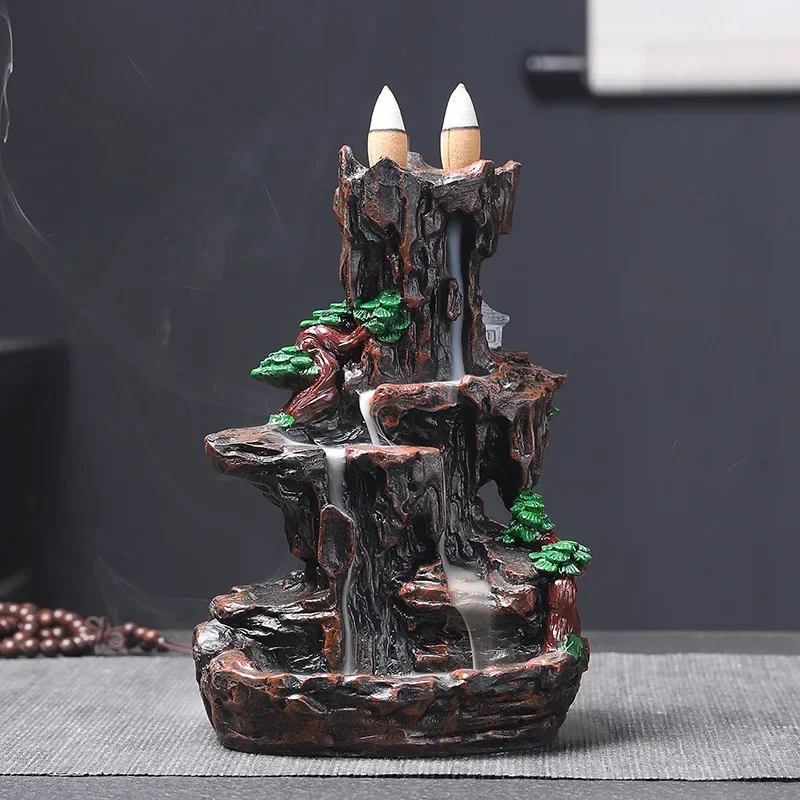 Mountains River Waterfall Incense Burner Fountain Backflow Aroma Smoke Censer Holder Office Home Unique Crafts+100 Incense Cones