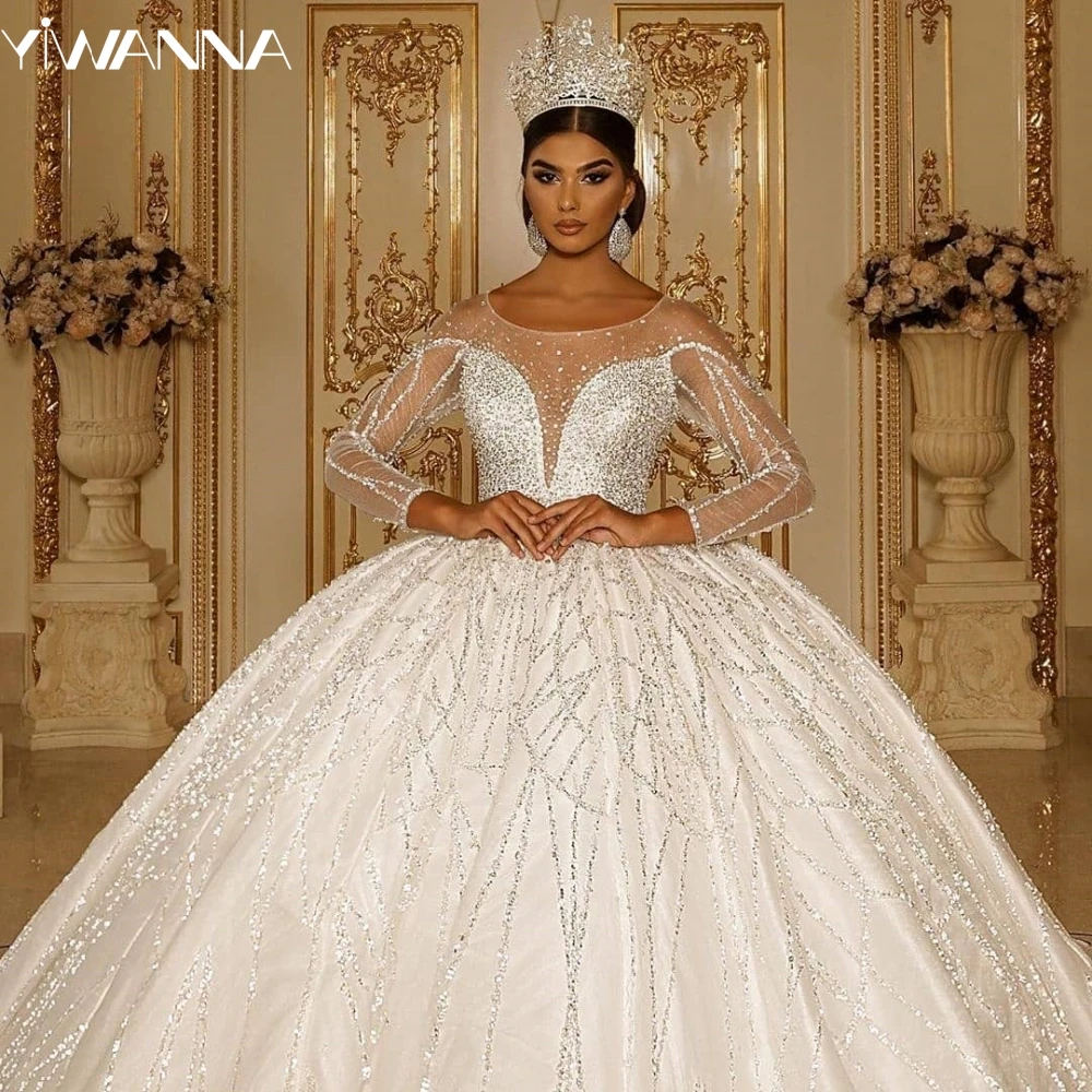 

Sequined Beaded Ball Gowns Wedding Dress With Train Long Sleeve Bridal Gown Customized Luxury O-neck Lace Up Dresses For Bride