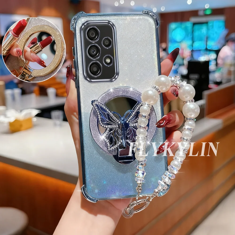 ل ممن لهم رينو 14F 13F 12F برو A16 A9 A53 2020 A54S A53S الفاخرة تألق فراشة مرآة قوس مع اللؤلؤ سوار الموضة