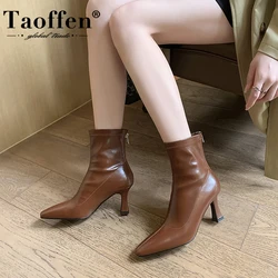 Taoffen Genuine Leather Stretch Boots Women Pointed Toe Thin Heels With Zipper Ankle Boots 2024 Spring Autumn Dress Party Boots