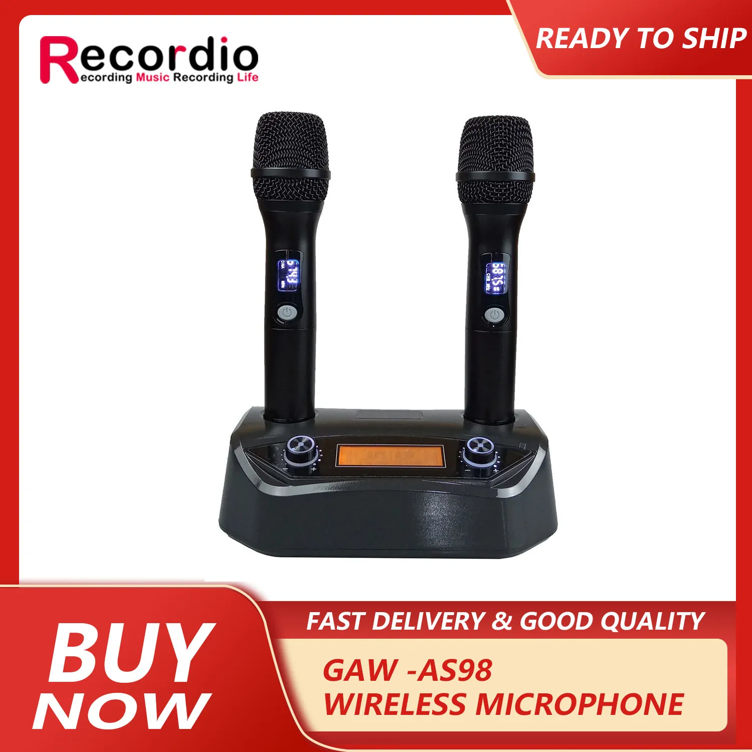 

GAW-AS98 Professional Dual Dynamic Handheld UHF Wireless Microphone System Wireless Charging for Home Karaoke Meeting Party