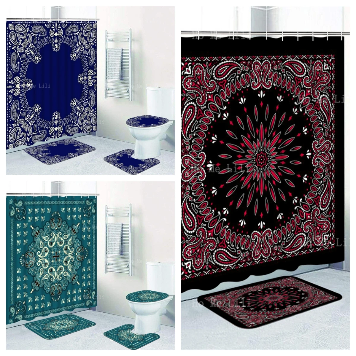 Geometric Graphic Blossom Traditional Viewing National Pattern Shower Curtain Sets With Rugs