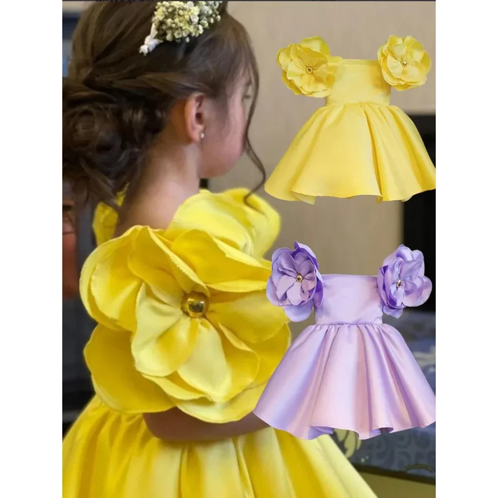 

Fashion Square Collar Flowers Sleeves Girl Dresses Cute Draped Solid Mini Ball Gowns Wedding First Communion Party Dresses 2024