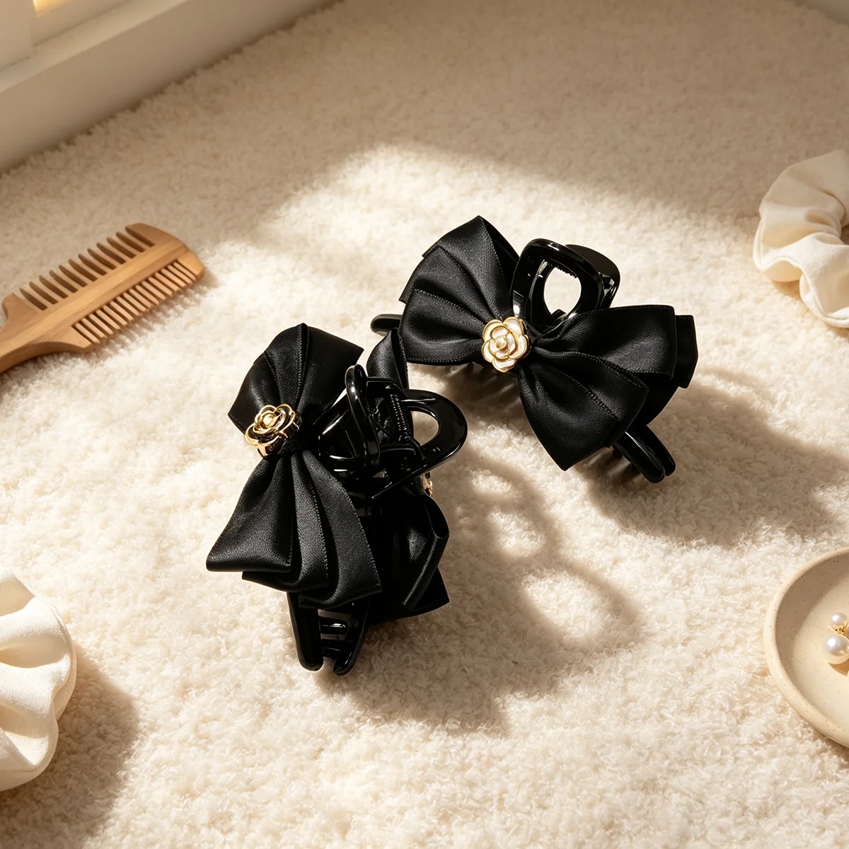 Chic Pearl Camellia Bow Hair Clip for Women Shark Clip Hair Fixing Suitable for Back of Head Bun Hairstyle