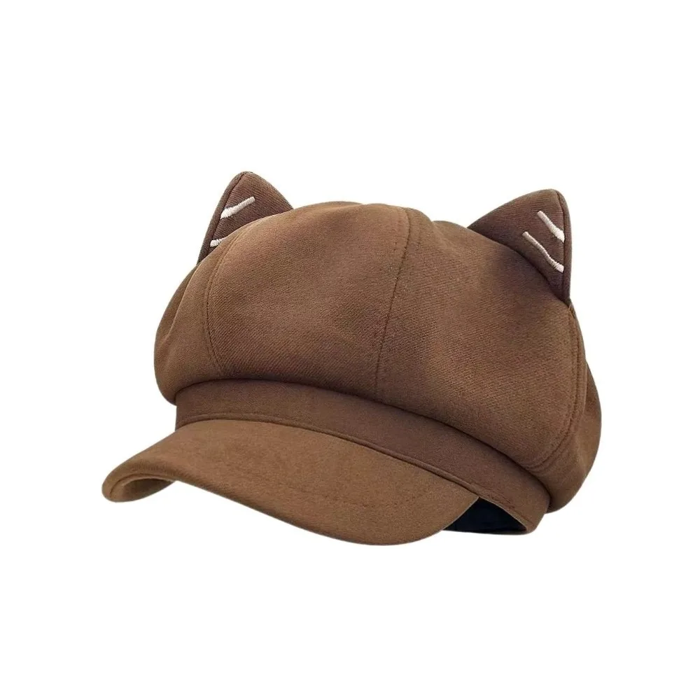 

Comfortable Solid Color Cat Ear Hat Y2K Woolen British Beret Hat Japanese Style Adjustment Octagonal Cap Girls
