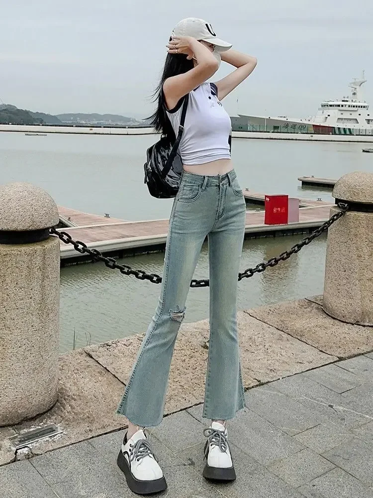 Denim Cropped Pants for Women Ripped Trousers Shot Womens Flare Jeans Basics Fitted Stylish Harajuku Fashion Original Stretch