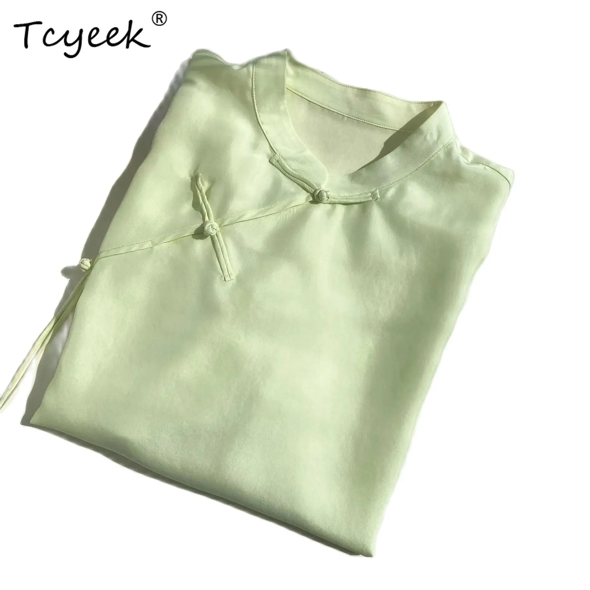 

Tcyeek, 16MM 100%Real Silk Elegant Shirt, Women Long Sleeve Stand Solid, Retro Commute Chinese Blouse, 2024 Summer T458131QC