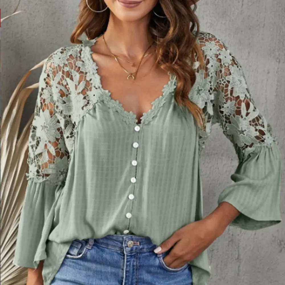 

Woman Blusas V-neck 3/4 Flared Sleeve Solid Color Single Breasted Women Blouse Hollow Out Lace Stitching Loose Shirt Top T-shirt