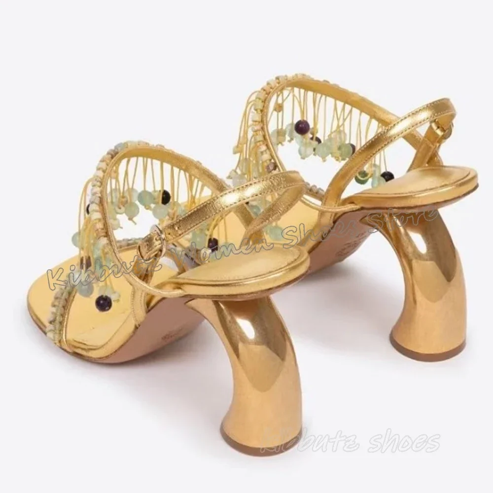 

Beads Crystal Sandals Buckle Strap Genuine Leather Solid Color Fashion Concise Sexy Elegant Novelty Women Shoes Square Toe Heels