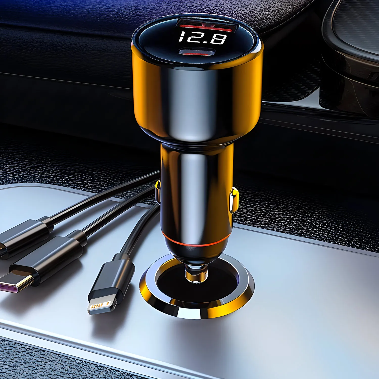 New Retractable Car Charger Fast Charging USB C PD QC3.0 Phone Charger iPhone Samsung Xiaomi Digital Display Multi-Port