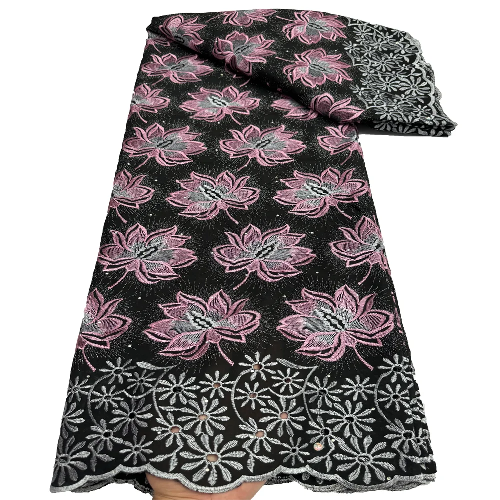 African Cotton Swiss Lace Fabric High Quality Swiss Voile Lace With Stones Elegant Dry Polish Embroidery For Women Dress