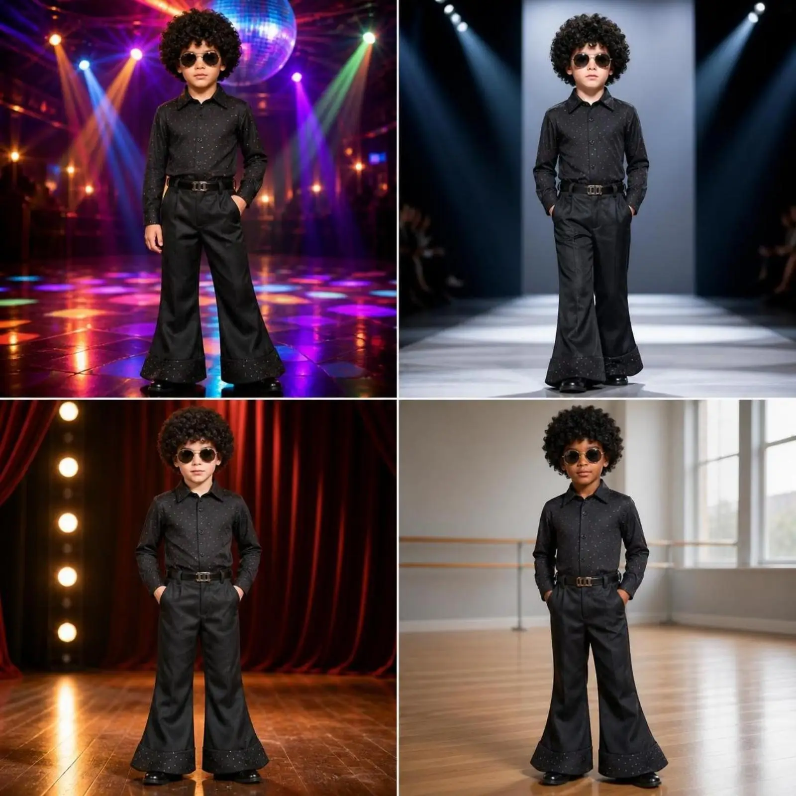 Disco Costume for Men Retro Style with Acetate Sunglasses Black Bell Bottom Pants and Printed Shirt for Stage Shows