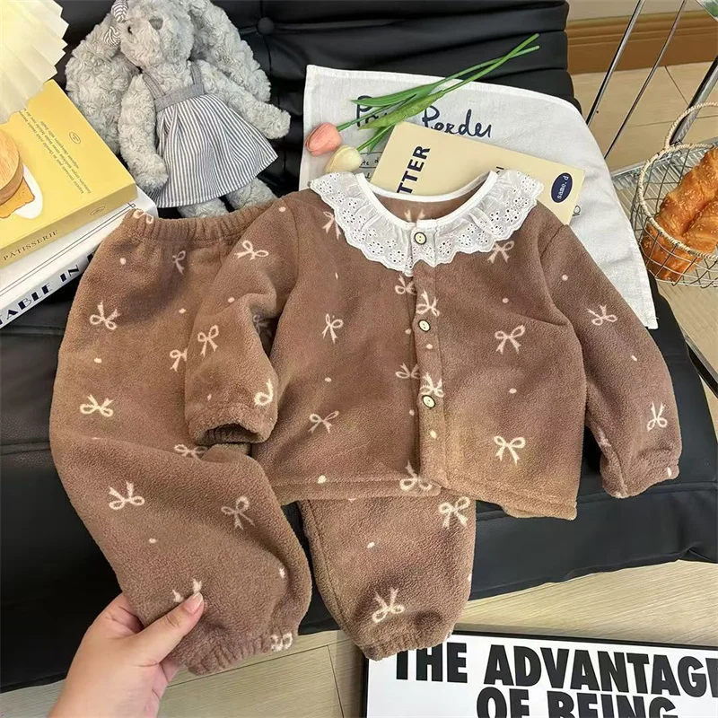 Kids Winter Soft Suits Girls Comfortable Home Bow Print Top+Pants 2Pc Outfits Children Daily Fleece Thick Thermal Clothes Sets