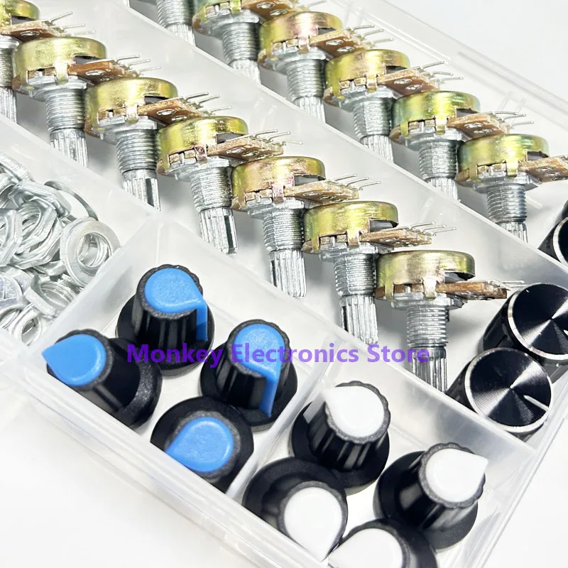 40PCS  Potentiometers WH148 Single 3pines Kit box switch 15MM  potenciometro B5K 10K 20K 50K 100K With 20PCS Knobs Set Shaft Nut