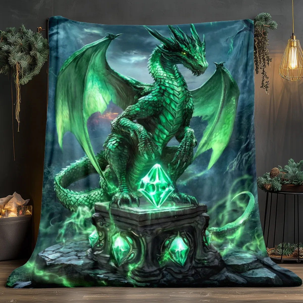 Emerald Green Dragon Dark Fantasy Print Flannel Blanket Soft Lightweight for Home Travel Camping Office Gift for Dragon Lovers