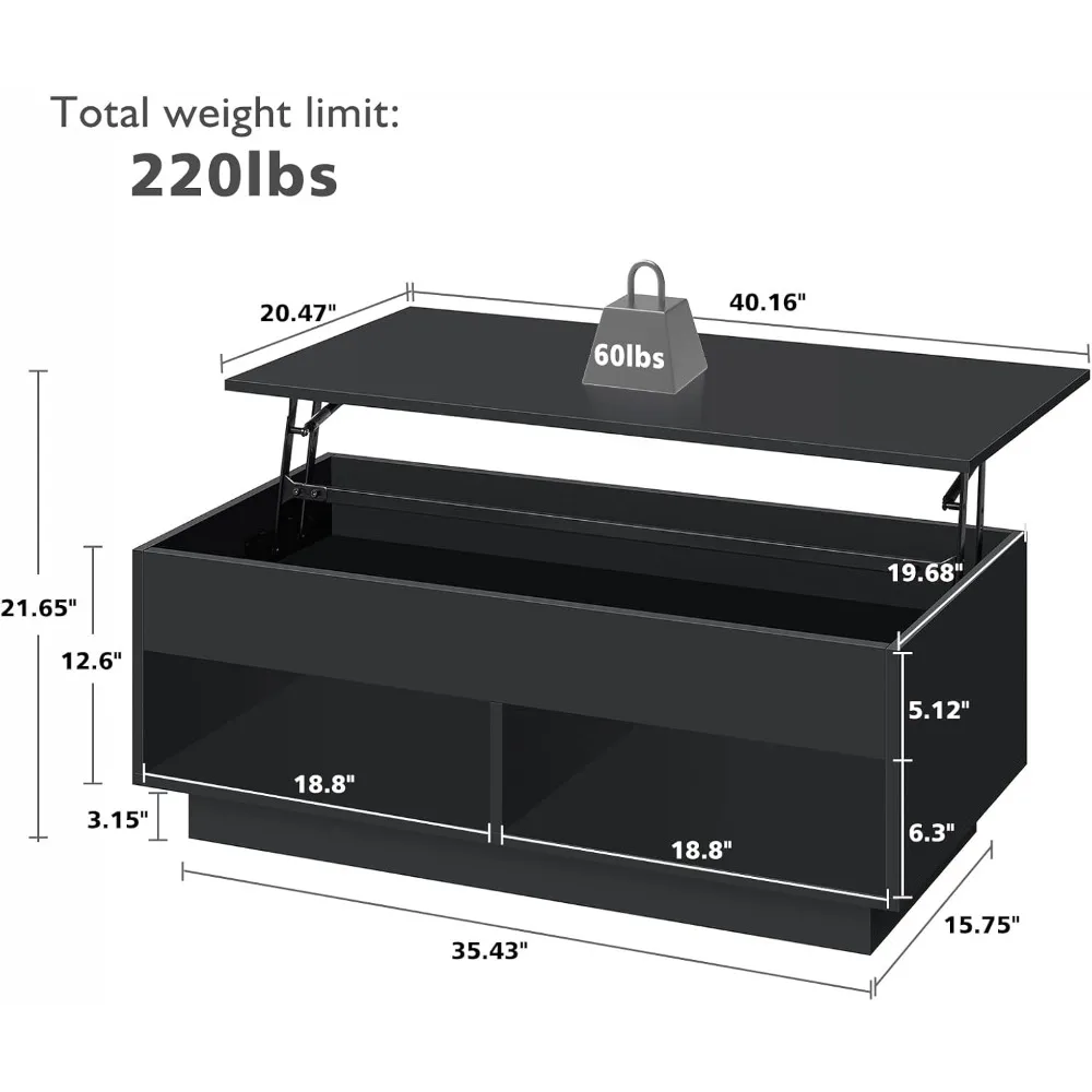 LED Coffee TableLift Top Coffee Tables with Storage Morden High Gloss 4 Tiers Black Table Center Tables Sofa Hidden Compartment