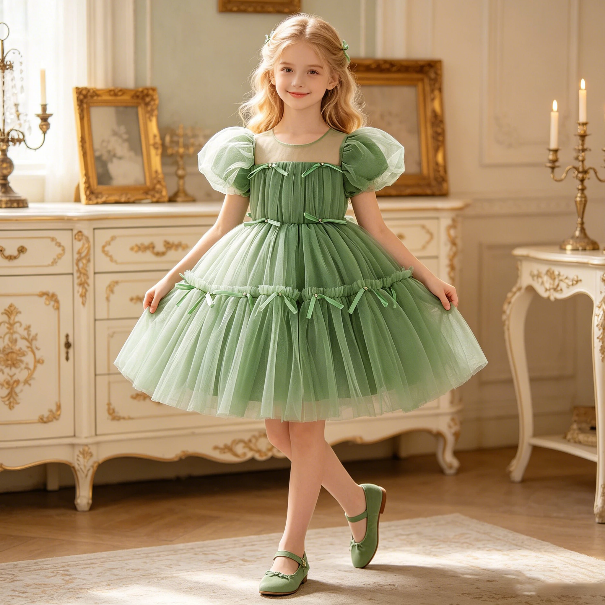Elegantes Tüll-Brautjungfernkleid für Mädchen Sommer Taufe Geburtstag Party Prinzessin Abendkleider für Mädchen Hochzeit Festzug Ballkleid
