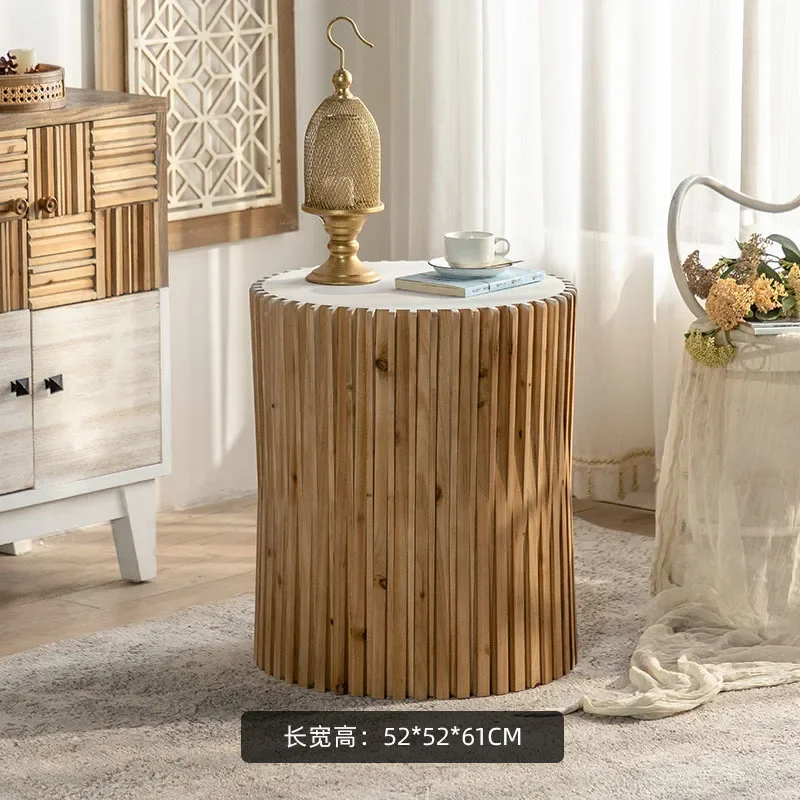 Wabi-sabi retro, mesa redonda pequeña de madera maciza antigua, mesa de centro de balcón B, sofá de sala de estar
