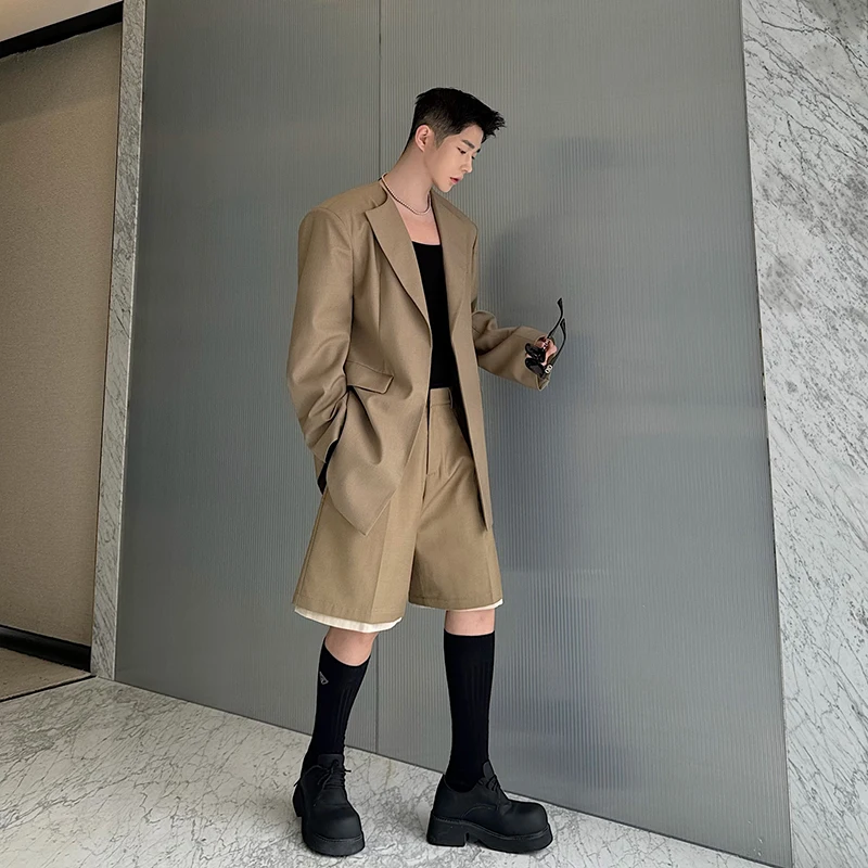 Men Fashion Show Loose Casual Oversized Blazers Suits Jacket Shorts 2PCS Sets Korean Streetwear Vintage Suit Coat Short Pant