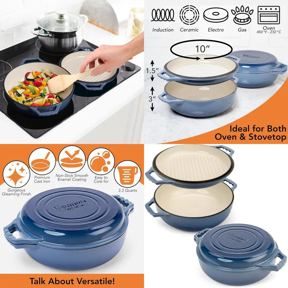 

3.3-Quart Cast Iron Braiser with Grill Lid - Small Dutch Oven for Casserole and Stovetop Grilling