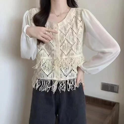 Frühling und Herbst Langarmhemd für Frauen Haken Blume aushöhlen gestrickte Patchwork Chiffon Dame Blusen Quaste Saum Tops