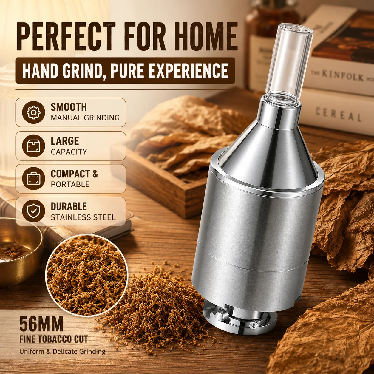 56mm Large Hand Metal Powder Grinder Hand Crank Spice Funnel Food Container Tool Manual Herb Mill with Storage Jar Fine Powder Maker for Kitchen Cooking Baking Seasoning Coffee Tea Nuts Portable Durable Easy Clean Grinder Accessory Set Pack