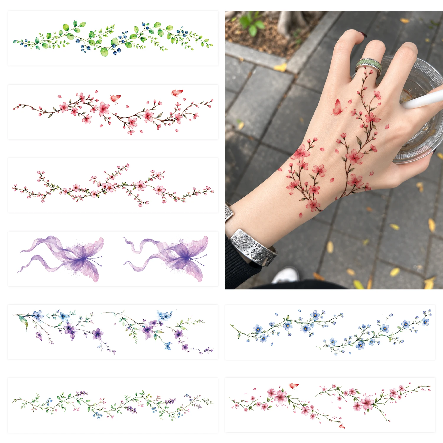 8 Sheets Of Large, Plants Vine Plant Temporary Tattoos For Women - Butterfly Hand Tattoo,Long-Lasting Arm Tattoos, Body Stickers