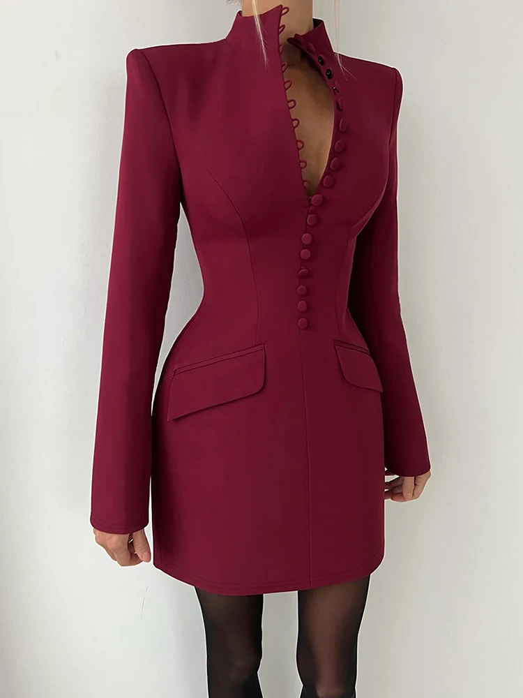 Kliou Büro-Stil, Minikleid, Damen, Stehkragen, volle Ärmel, Knopftasche, Dekoration, täglich, lässig, solide, einfach, modisch, figurbetont