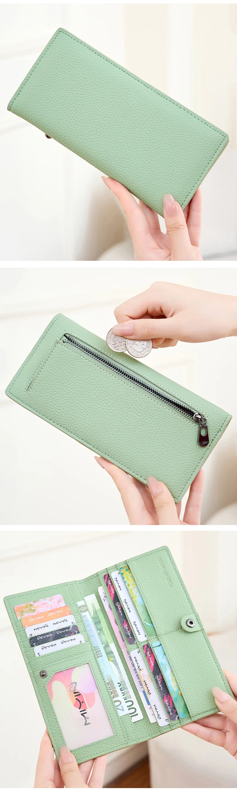 Minimalistische, ultradünne Damen-Geldbörse, RFID-blockierendes Kreditkartenetui, zweifach faltbar, lange Damen-Geldbörse, einfarbig, tragbare Clutch – Detail 6