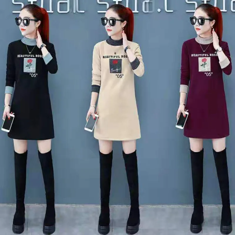 Autumn and Winter 2023 Plush High Neck Mid Length Sweatshirt for Women New Korean Version Slimming Print Shirt