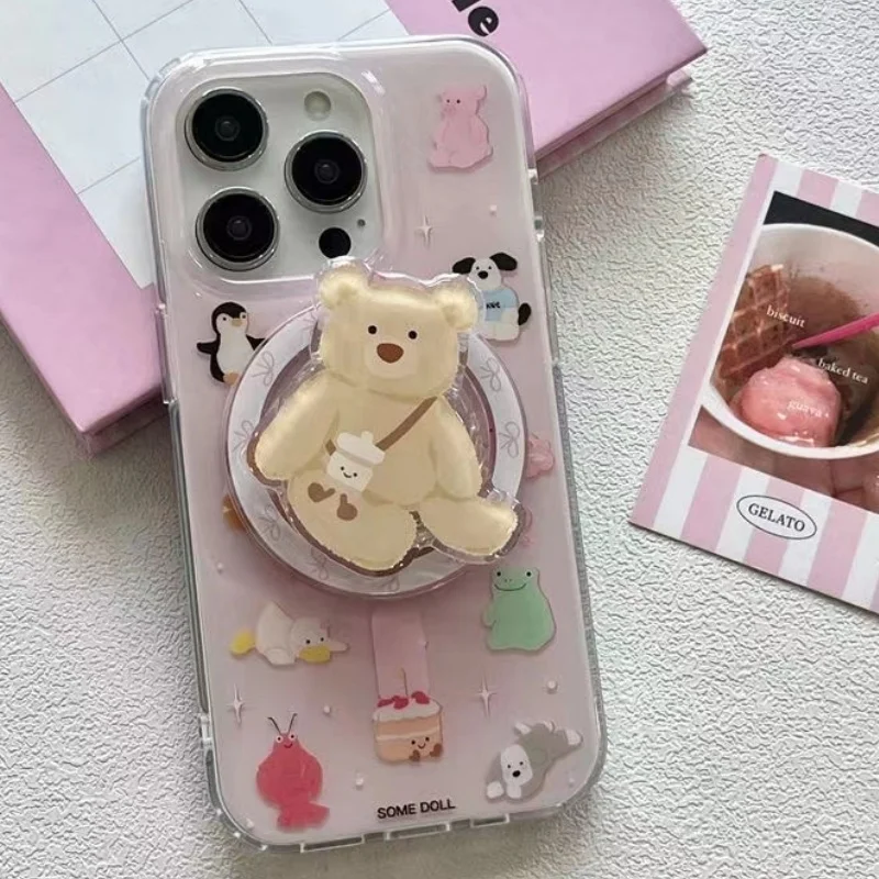 Magnetic foundation make-up full screen small animal mobile phone case with bracket For iPhone 11 12 13 14 15 16 pro max