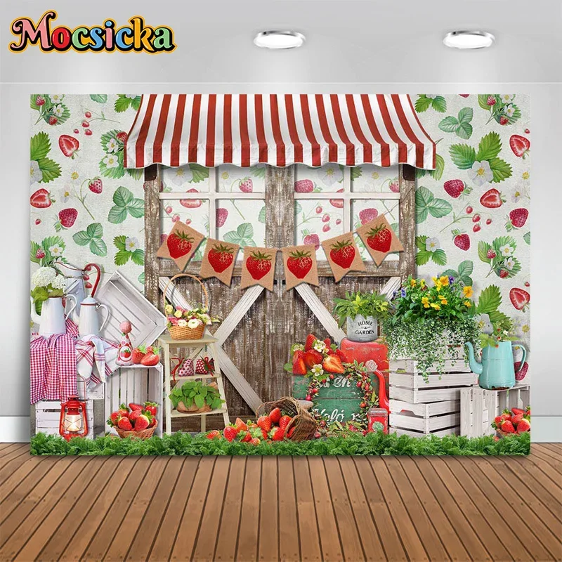 Mocsicka Photography Backgrounds Strawberry Girl Farmer's Market Backdrop Kids Happy Birthday Party Cake Crush Photo Studio