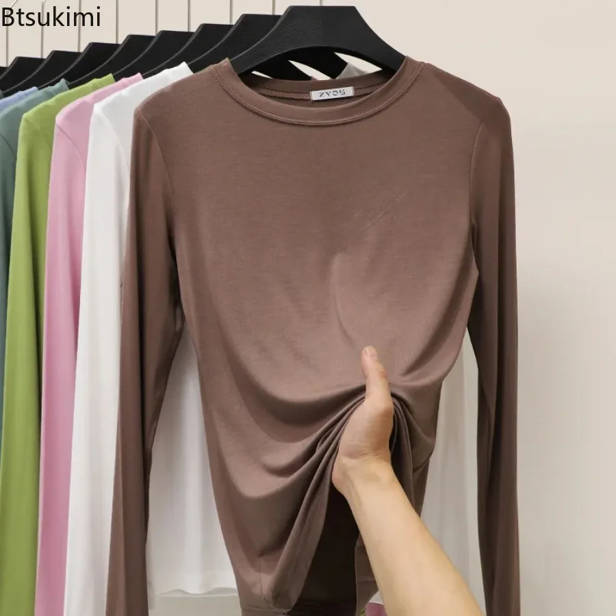 2026 New Modal Solid Basic Tshirt O Neck Long Sleeves Women Autumn Bottoming Tee Tops All Match Tee Shirt Plus Size Undershirt