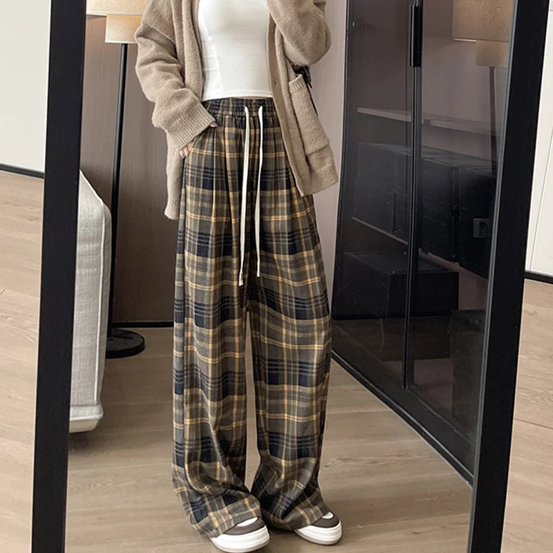 Frauen Hohe Taille Plaid Hosen Herbst Winter Koreanische Retro Gerade Hosen Lose Fit Trend Kordelzug Breite Bein Hosen Mujer