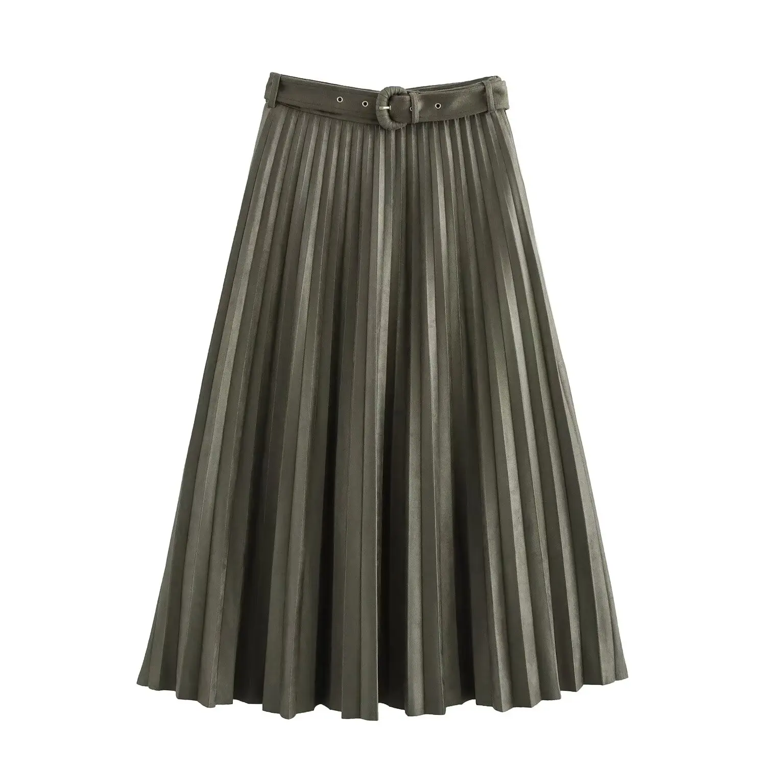 TRAFZA Women's New Fashion Versatile Solid Suede Effect Midi Pleated Skirt Female Elegant Pleated Warm Ankle Length Casual Skirt