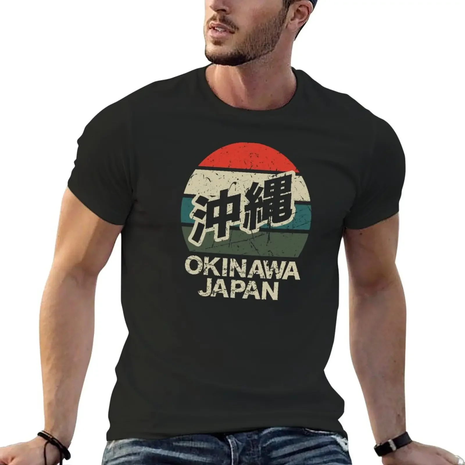 

Okinawa Tokyo Japan Kanji Character Distressed Retro Sunset T-Shirt plus sizes custom shirt mens cotton t shirts