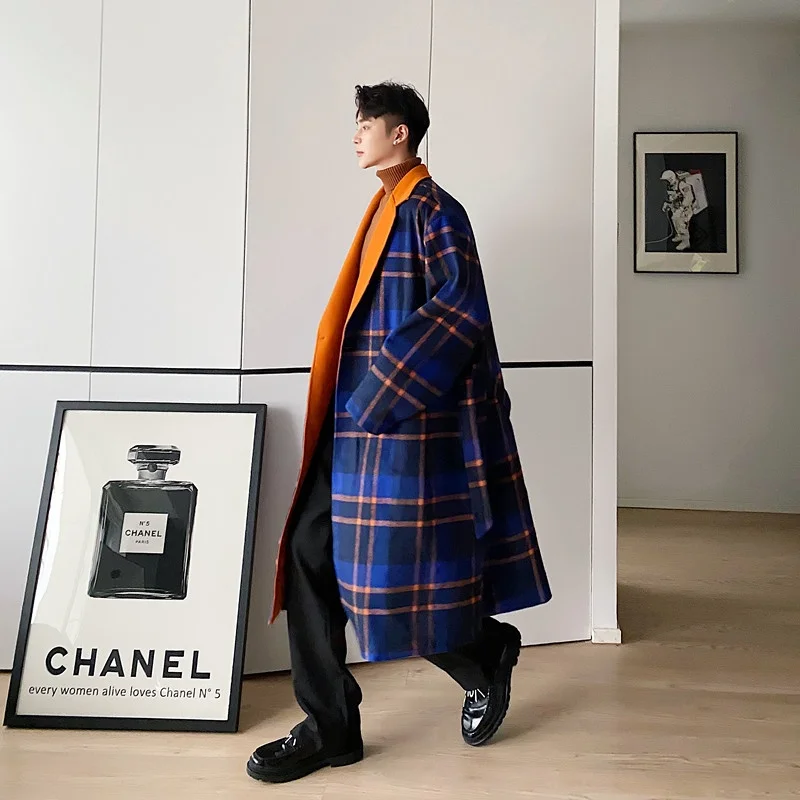 

Новое зимнее свободное шерстяное пальто в стиле ретро, средней длины, модная клетчатая мужская одежда в корейском стиле, на одной пуговице, повседневное