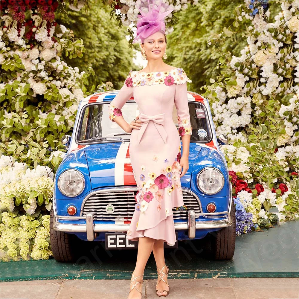 Klassische Neue Rosa Mutter der Braut Kleider Tee Länge Mütter Kleid 3/4 Ärmeln Blumen Bogen Gürtel Hochzeit Gast Kleider 2023