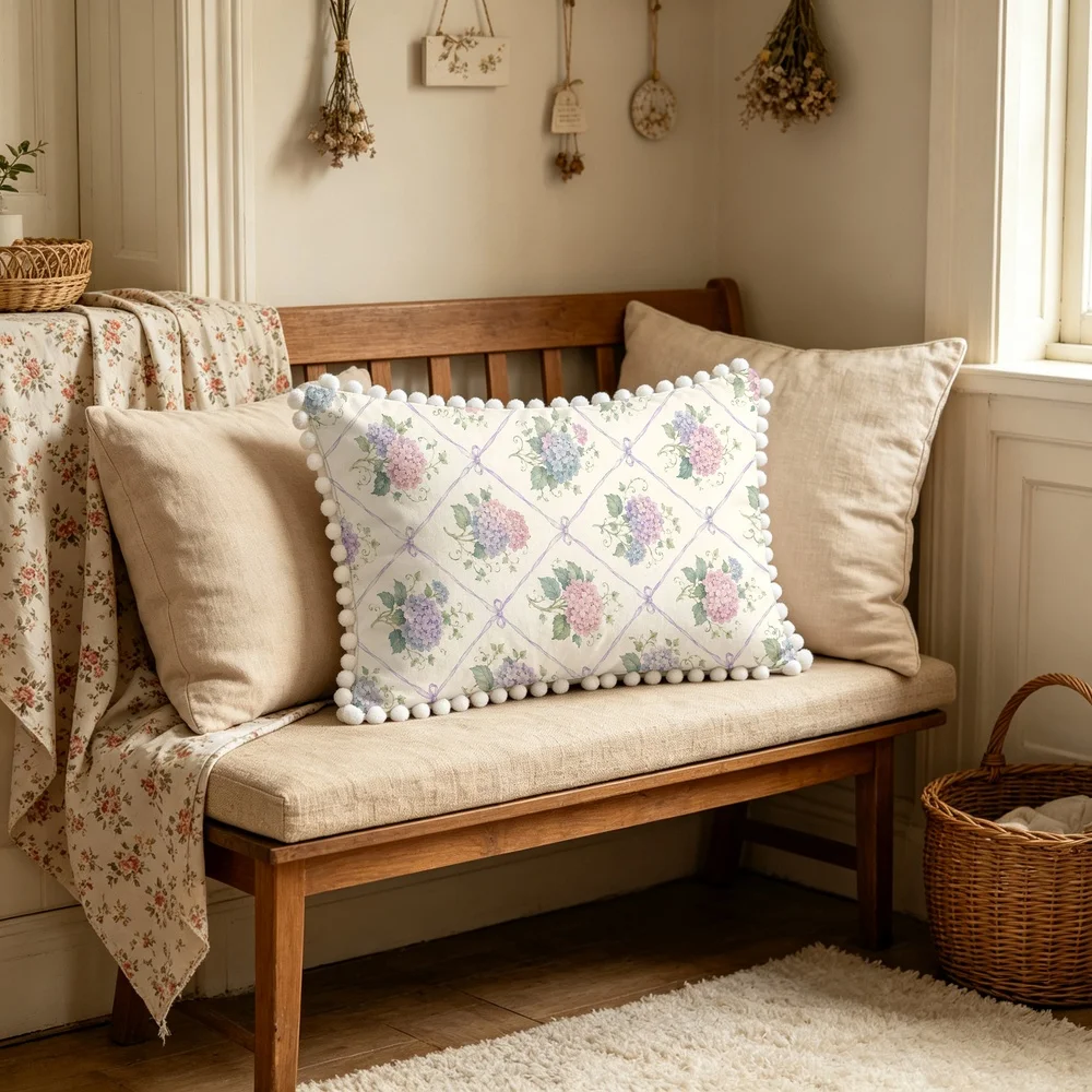 1PC Cream Background with Pink Purple Hydrangea and Checkered Pattern, Sweet Vintage Floral Long Pillow Cover with Pom Pom Tri