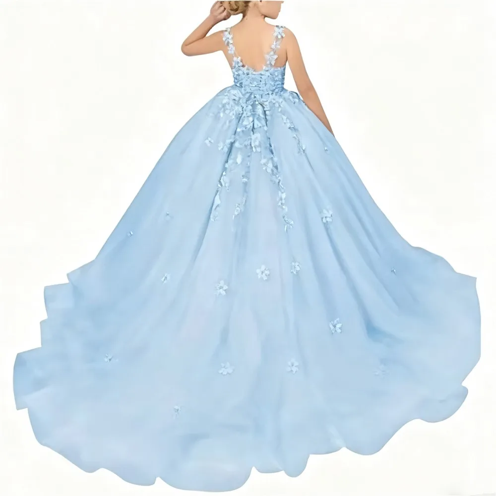 Abito da sposa per ragazza di fiore rosa di lusso senza maniche con applicazioni floreali gonfie per bambini per abito da ballo da principessa per comunione