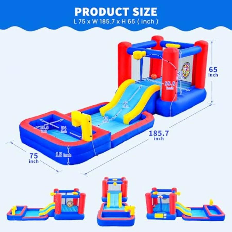 2 in 1 Inflatable Water Slide and Bouncy Castle with Blower, Water Park with Sprayers, Deep Pool, Dartboard and Basketball Hoop
