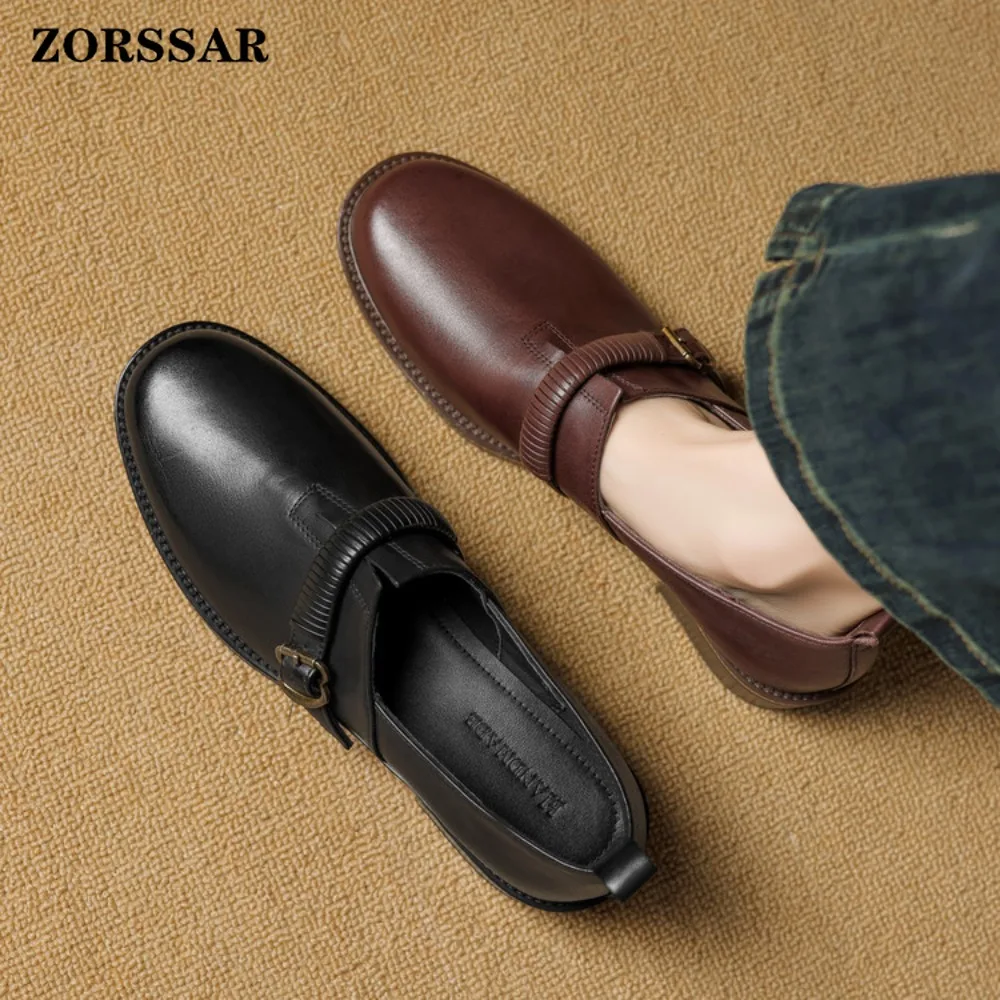 

Spring Autumn Ladies New Cow Leather Shoes Vintage Versatile Loafers British Style Fashion Anti-slip Shoes Dress Women's Flats
