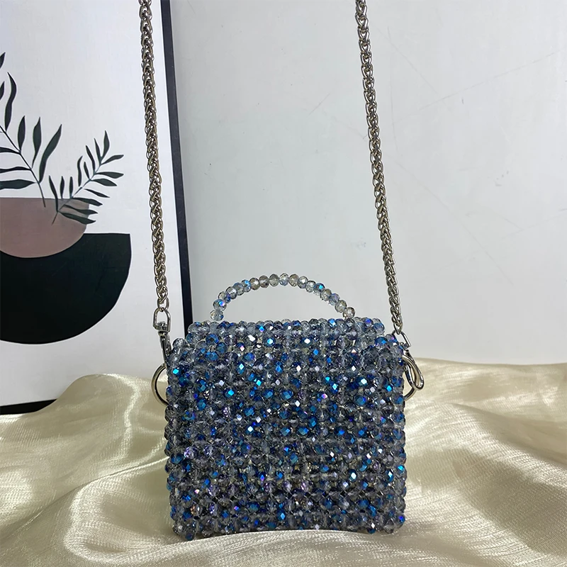 Blue Crystal Bead Shiny Wholesale Glass Bead Top-Handle Bags Customized Wholesale Box Totes Handbag Party Small Bucket Purse