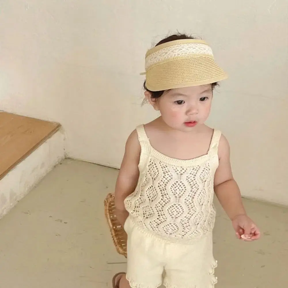 

New Summer Baby Straw Caps Korean Empty Top Bow Lace Straw Hat Wide Brim Beach Children Sun Hat Travel