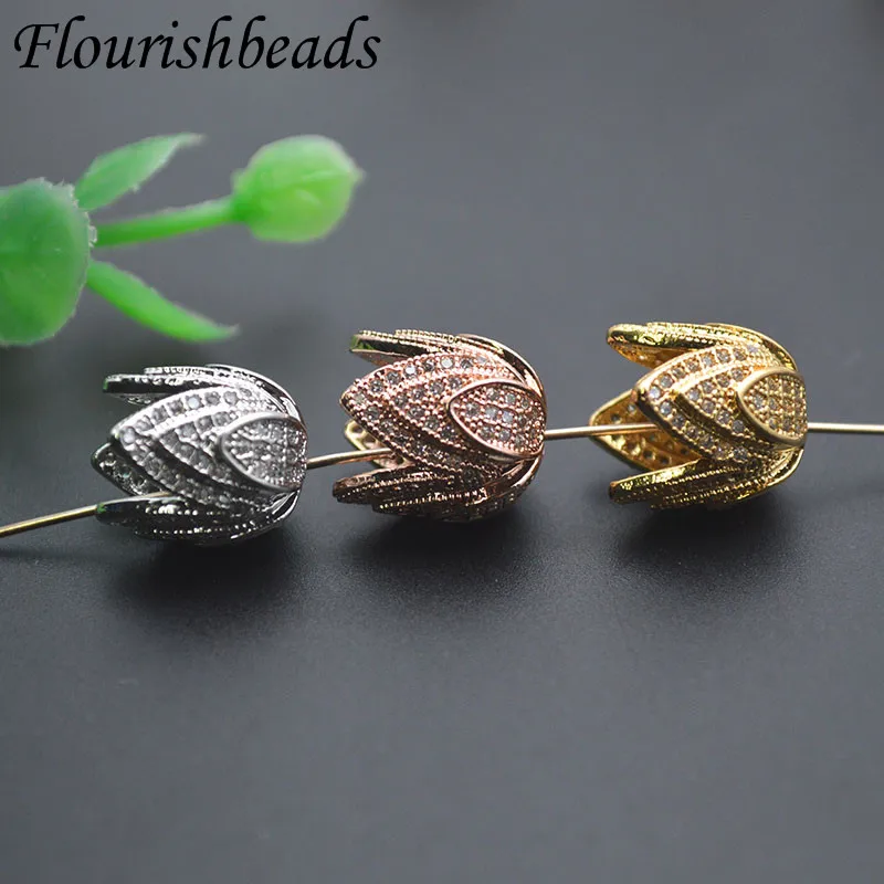 Luxury Paved CZ Beads Jewelry Findings Gold Color Flower Shape Bead Caps for DIY Necklace Bracelet 10pcs/lot