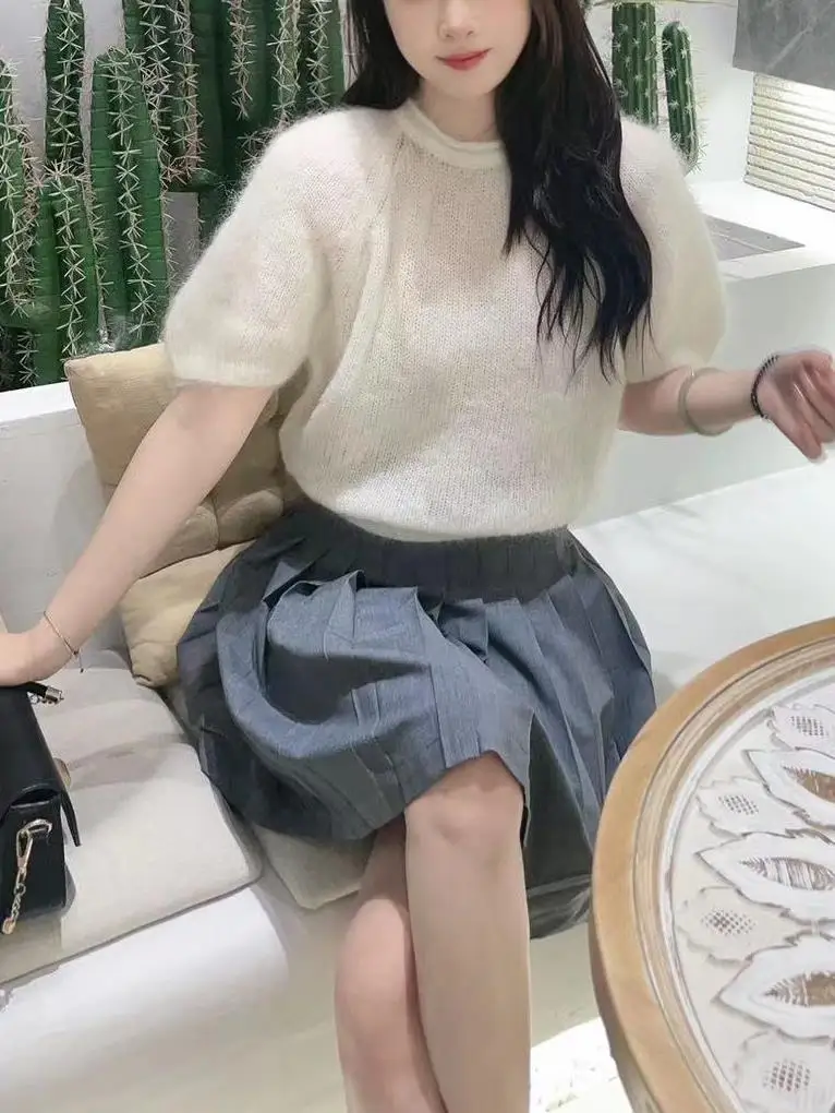 2024 Celebrity Spring/Summer New Handwoven Loose Lazy Round Neck Pullover, Mohair Sweater, Women's Knitted Sweater Top Handwoven