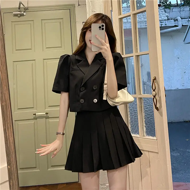 Conjunto de Blazer y Falda plisada para mujer, Blazer de manga larga para oficina, falda de dos piezas de Color sólido, traje de negocios independiente, 2021